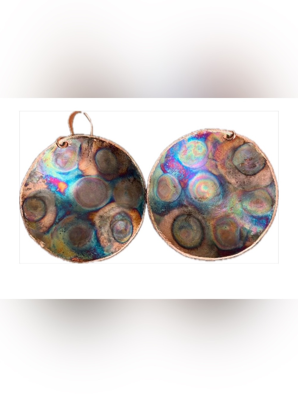 Flame painted copper unique Handmade Multicolor Copper Patina Disc Drop Earrings